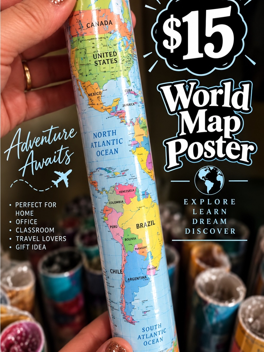 NWT IN Plastic World Map Poster for Kids - Colorful Blue Travel Poster